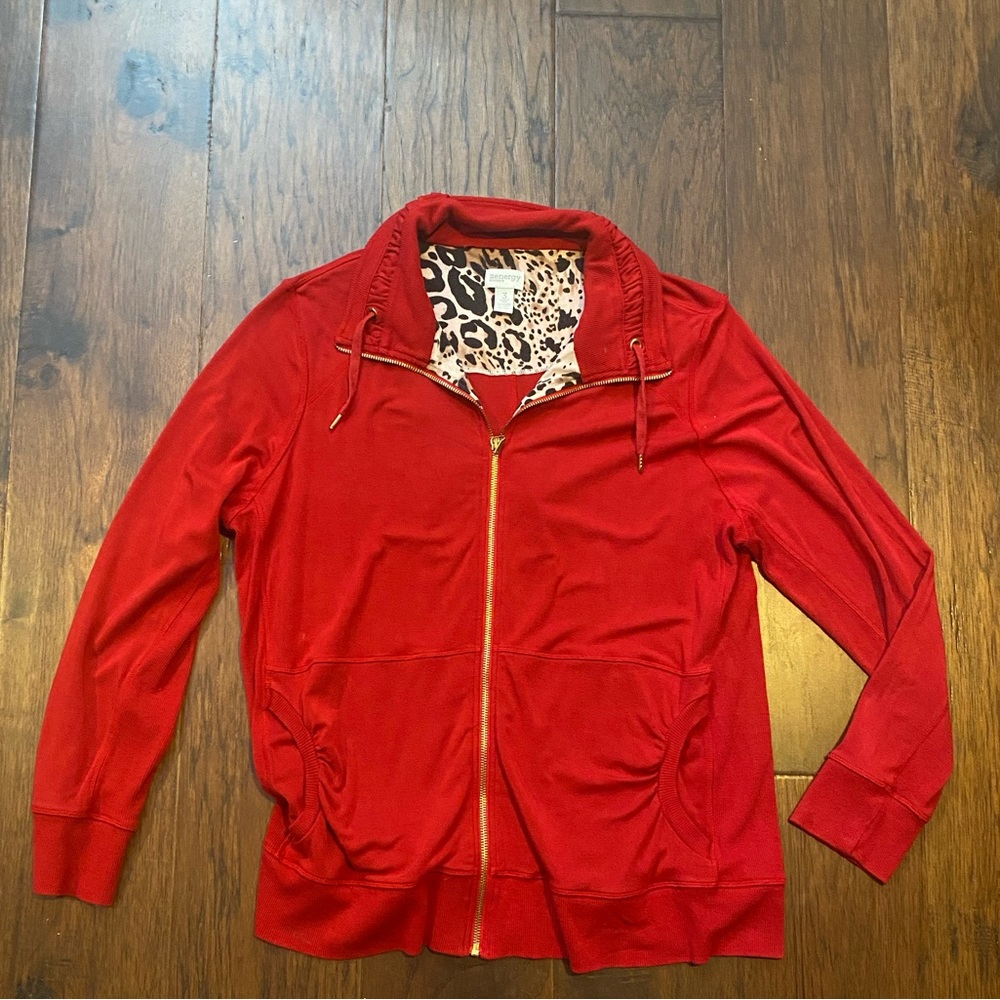 Chico’s Zenergy Red Knit Full Zip Jacket Leopard print inside, Size 3 (XL)